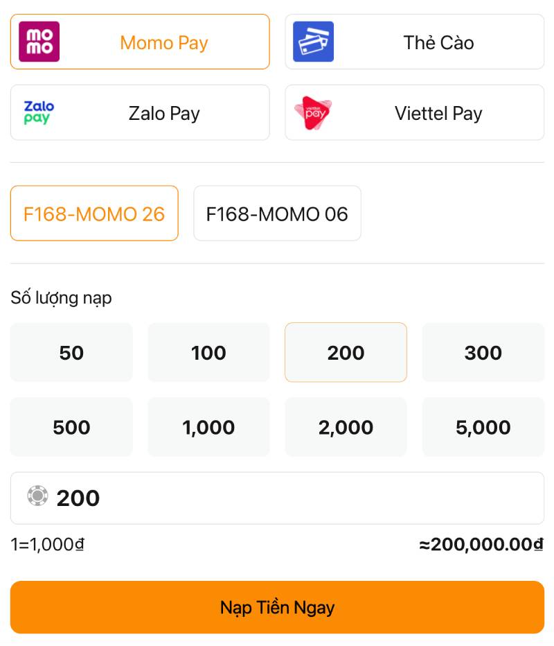 Nạp tiền F168 qua ví điện tử – nhanh, tiện và an toàn